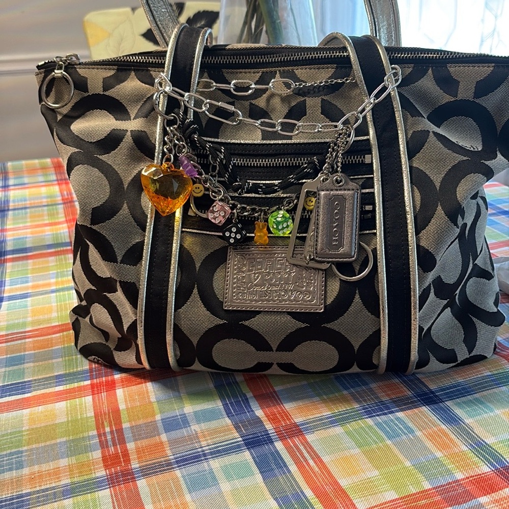 Coach Black and Gray Signature Canvas Tote with Charm Cluster